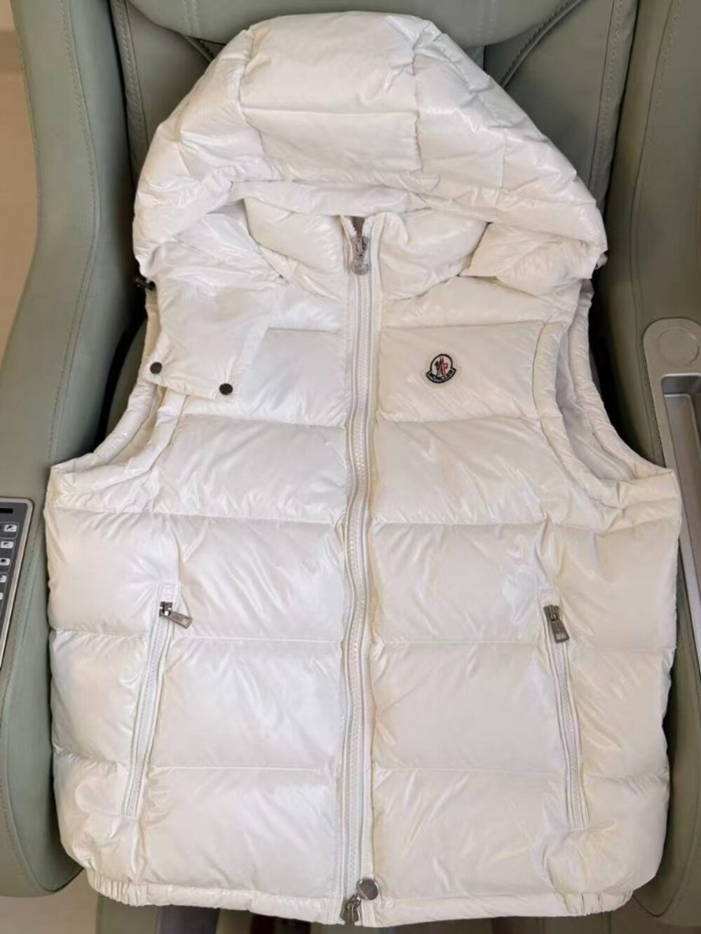 Moncler white hooded down vest, warm outerwear, size S.